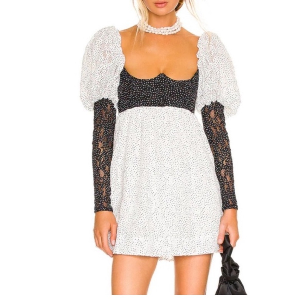 For Love And Lemons Black Lace & White Polka Dot Mini Dress